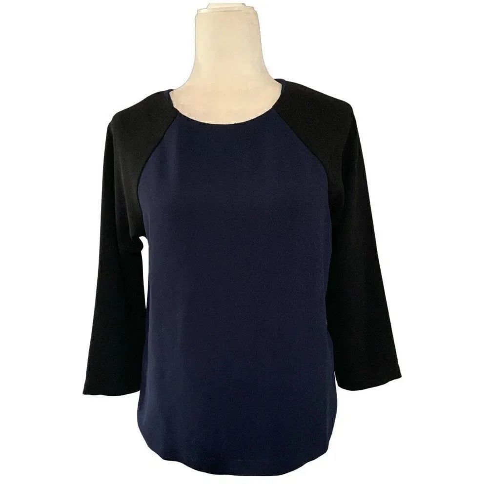 j crew womens blue black long sleeve top blouse crew neck 0 xxs xs